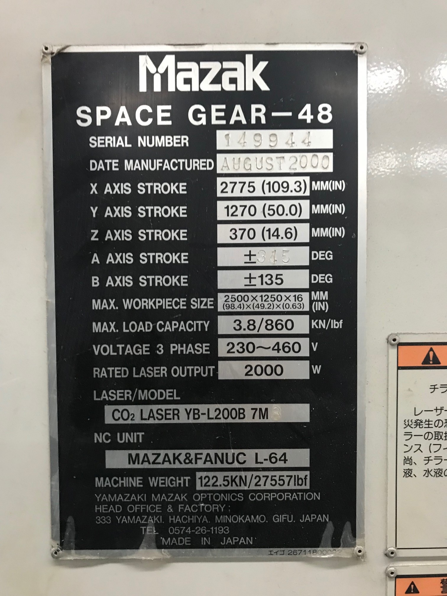 Laser Cutting Machine Mazak Space Gear 48 2000 1